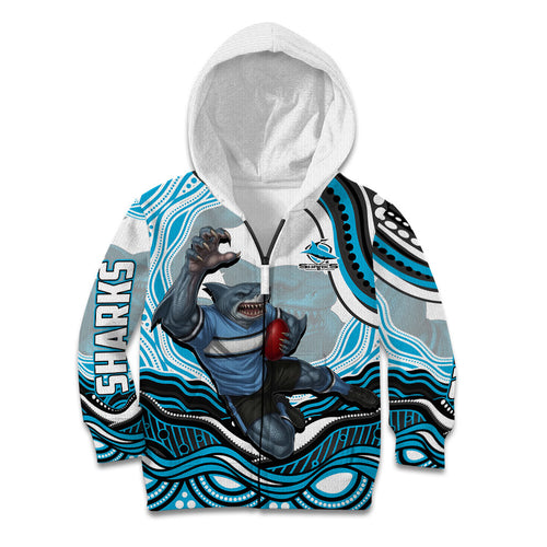 Personalized Cronulla Sutherland Sharks Kid Hoodie Aboriginal Dot Art - Dreamtime Rugby Mascot