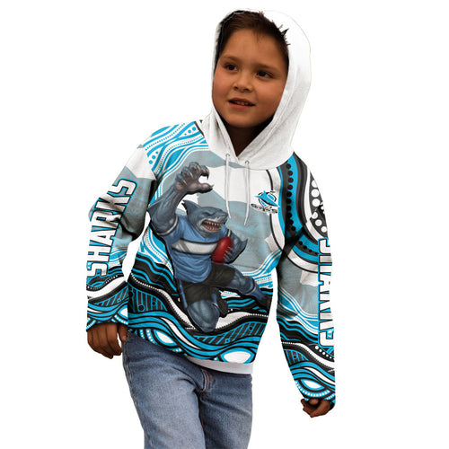 Personalized Cronulla Sutherland Sharks Kid Hoodie Aboriginal Dot Art - Dreamtime Rugby Mascot