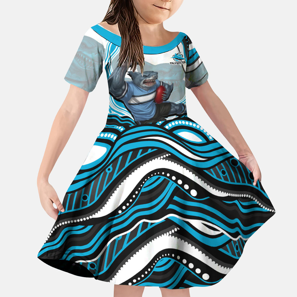 Personalized Cronulla Sutherland Sharks Kid Short Sleeve Dress Aboriginal Dot Art - Dreamtime Rugby Mascot