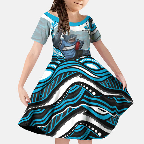 Personalized Cronulla Sutherland Sharks Kid Short Sleeve Dress Aboriginal Dot Art - Dreamtime Rugby Mascot