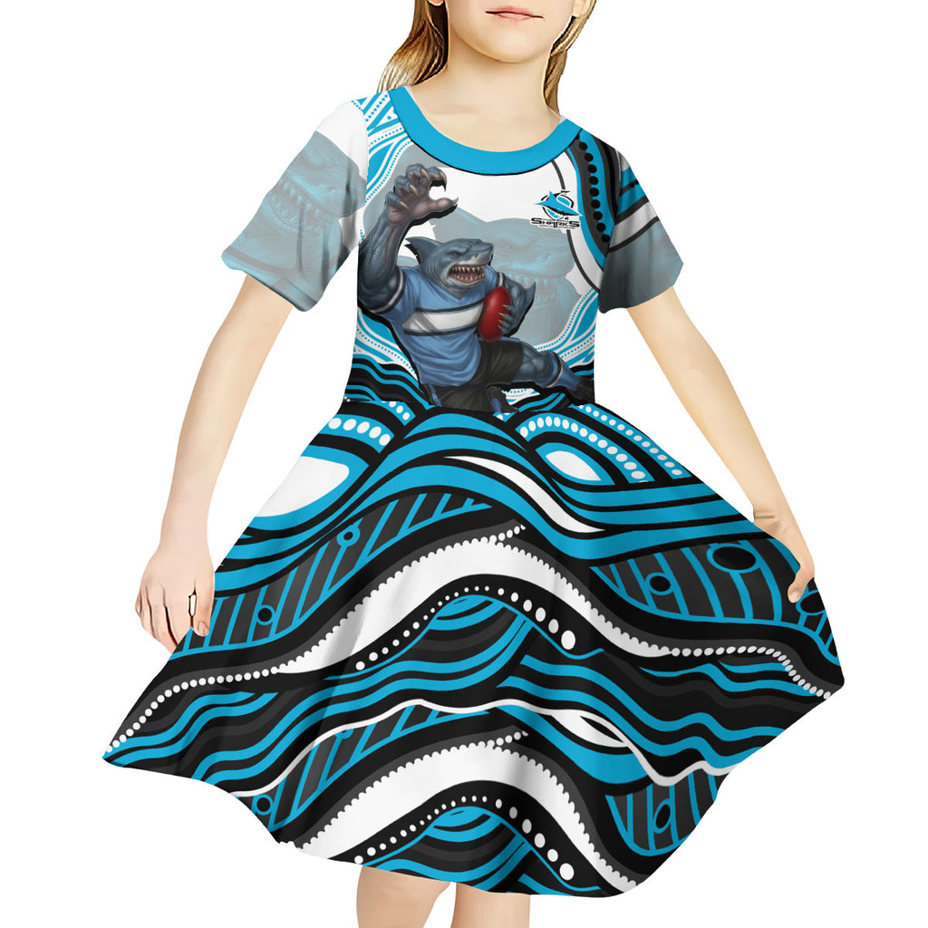 Personalized Cronulla Sutherland Sharks Kid Short Sleeve Dress Aboriginal Dot Art - Dreamtime Rugby Mascot
