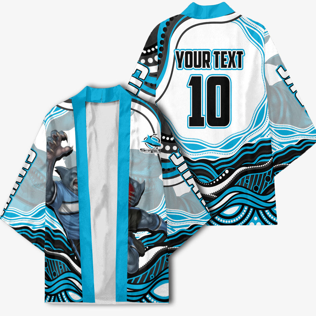 Personalized Cronulla Sutherland Sharks Kimono Aboriginal Dot Art - Dreamtime Rugby Mascot