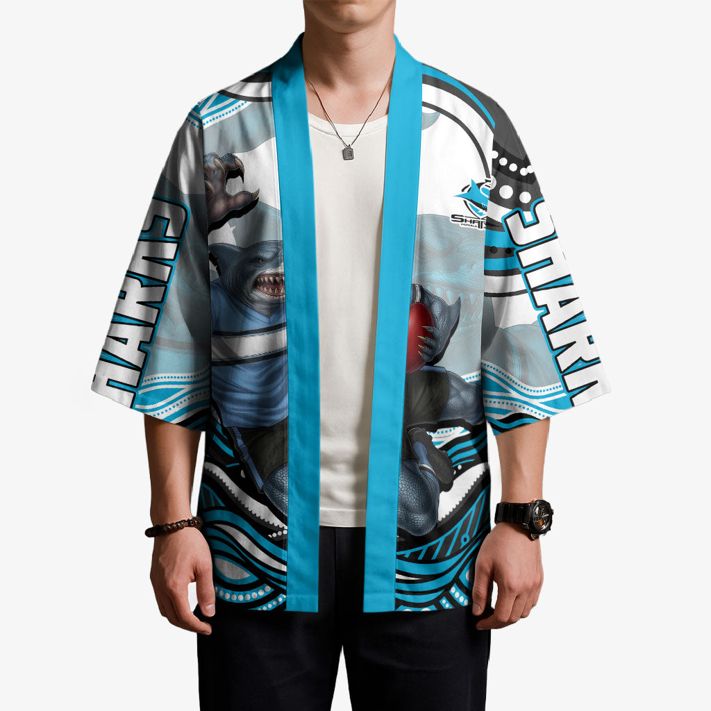 Personalized Cronulla Sutherland Sharks Kimono Aboriginal Dot Art - Dreamtime Rugby Mascot