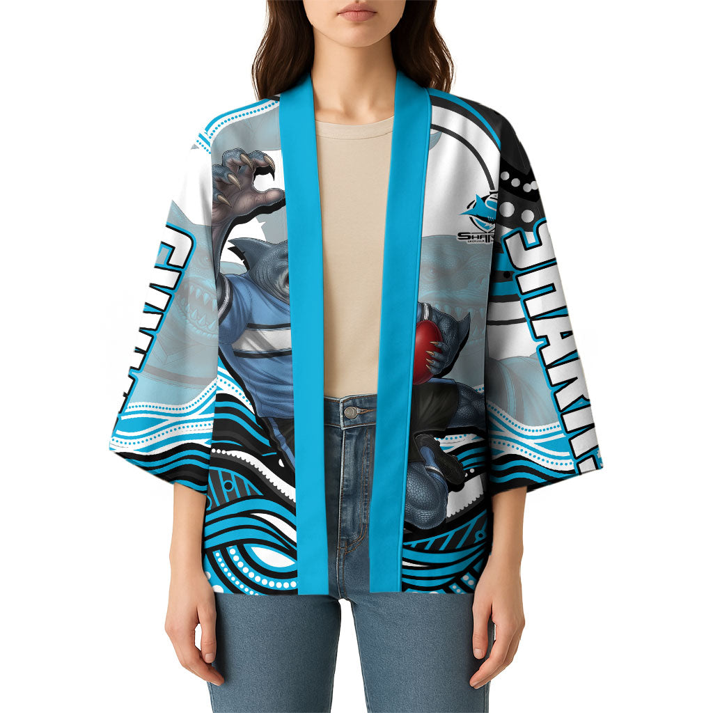 Personalized Cronulla Sutherland Sharks Kimono Aboriginal Dot Art - Dreamtime Rugby Mascot