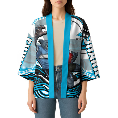 Personalized Cronulla Sutherland Sharks Kimono Aboriginal Dot Art - Dreamtime Rugby Mascot