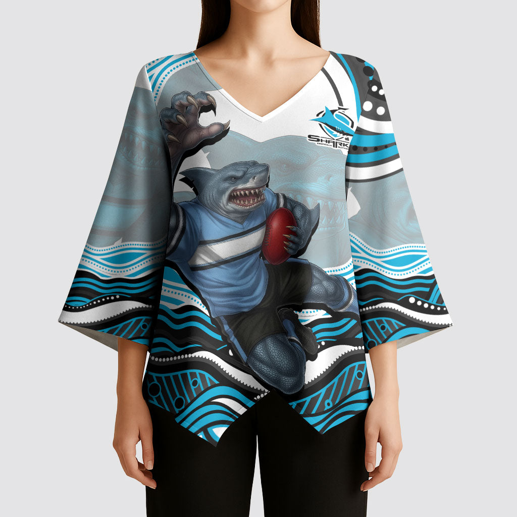 Personalized Cronulla Sutherland Sharks Kimono Sleeve Blouse Aboriginal Dot Art - Dreamtime Rugby Mascot