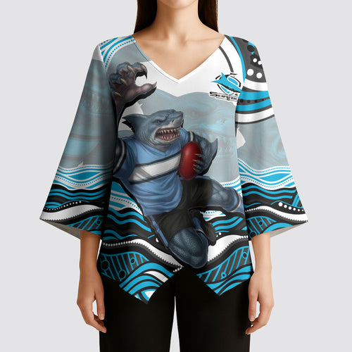 Personalized Cronulla Sutherland Sharks Kimono Sleeve Blouse Aboriginal Dot Art - Dreamtime Rugby Mascot