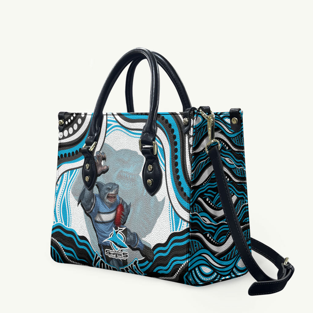 Personalized Cronulla Sutherland Sharks Leather Bag Aboriginal Dot Art - Dreamtime Rugby Mascot