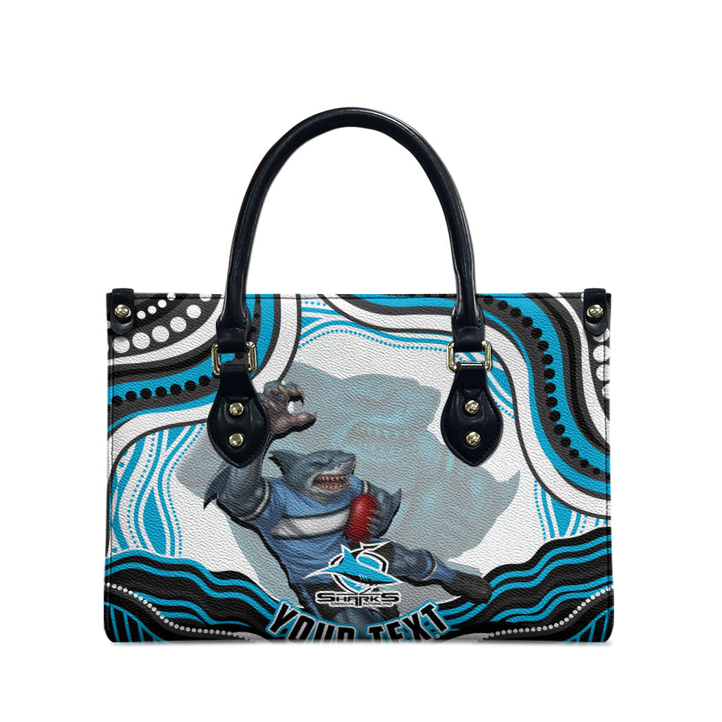 Personalized Cronulla Sutherland Sharks Leather Bag Aboriginal Dot Art - Dreamtime Rugby Mascot