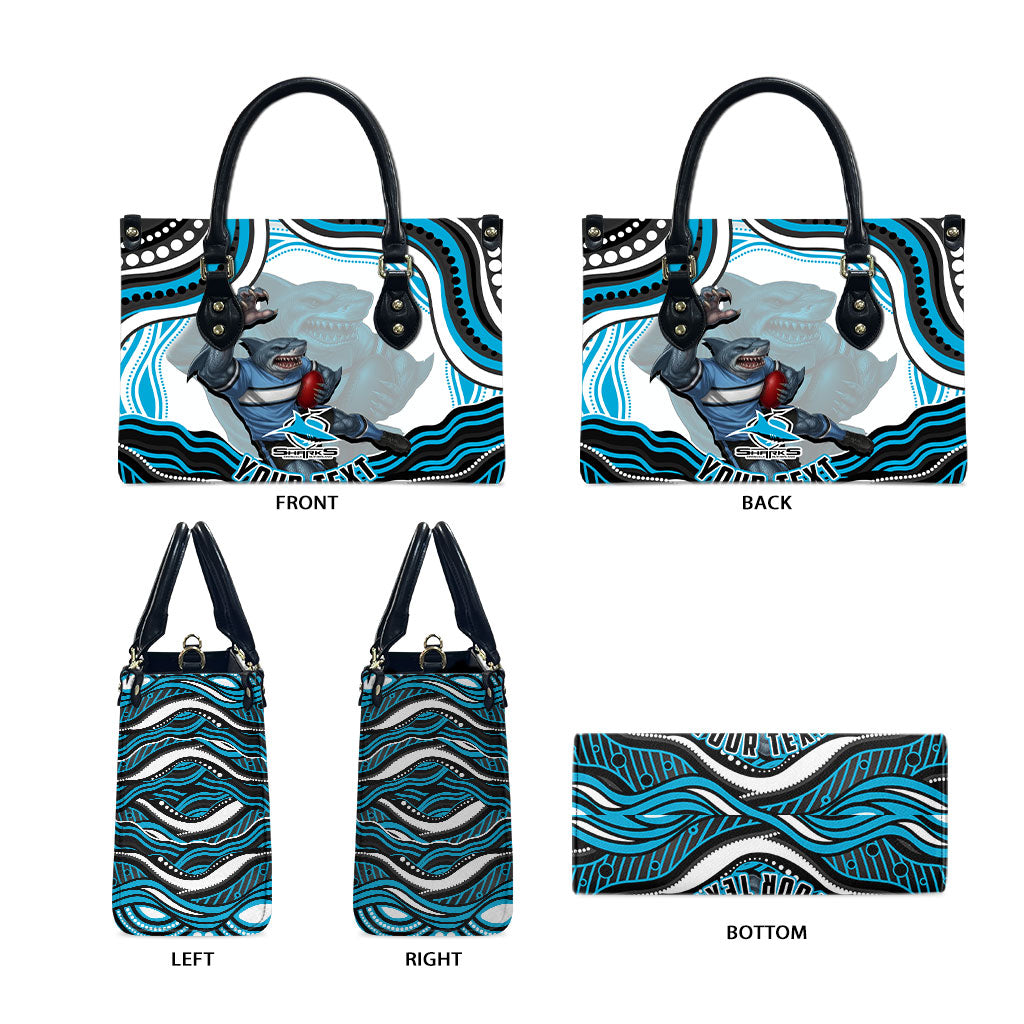 Personalized Cronulla Sutherland Sharks Leather Bag Aboriginal Dot Art - Dreamtime Rugby Mascot