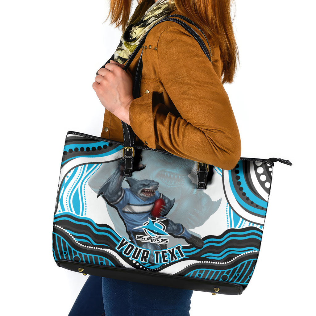 Personalized Cronulla Sutherland Sharks Leather Tote Bag Aboriginal Dot Art - Dreamtime Rugby Mascot