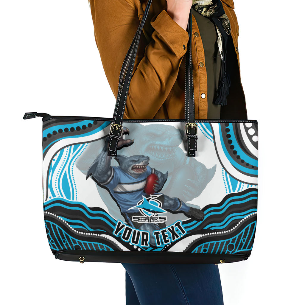 Personalized Cronulla Sutherland Sharks Leather Tote Bag Aboriginal Dot Art - Dreamtime Rugby Mascot