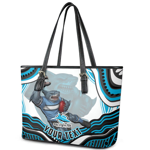 Personalized Cronulla Sutherland Sharks Leather Tote Bag Aboriginal Dot Art - Dreamtime Rugby Mascot