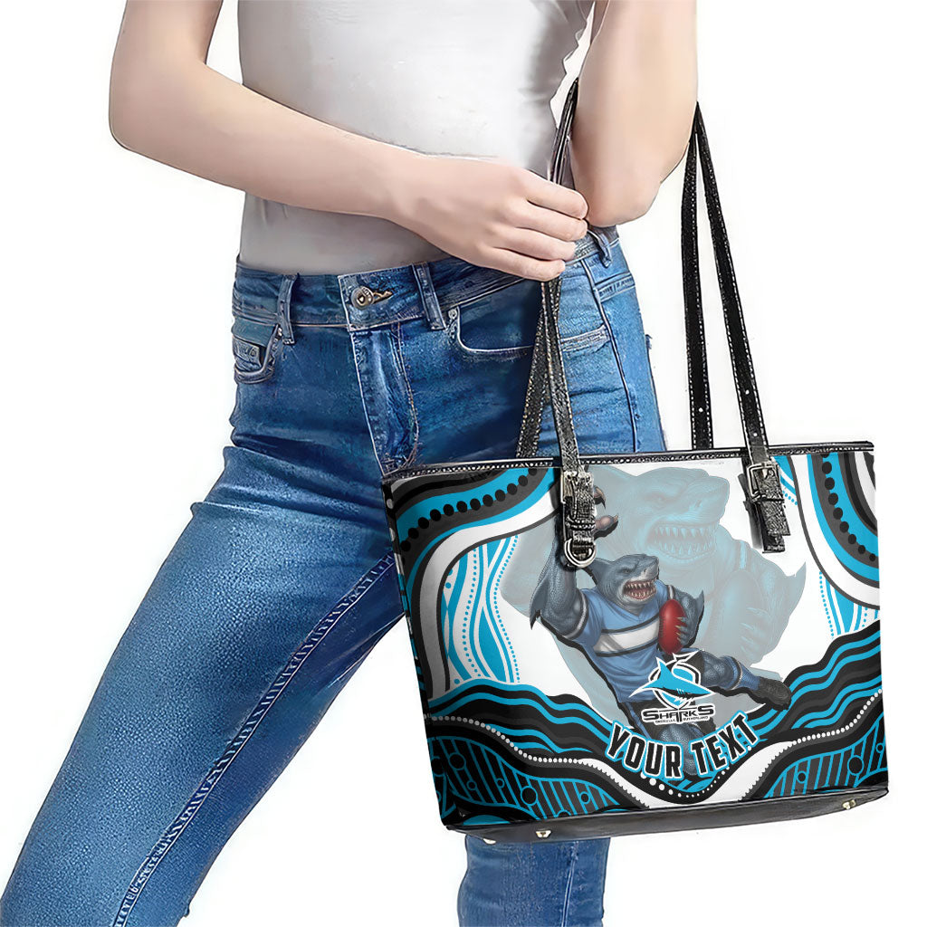 Personalized Cronulla Sutherland Sharks Leather Tote Bag Aboriginal Dot Art - Dreamtime Rugby Mascot