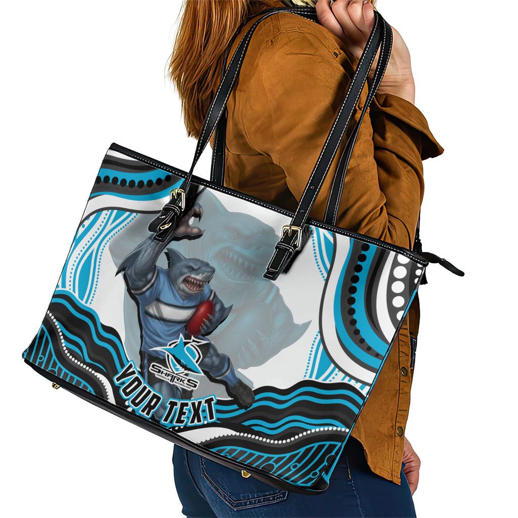 Personalized Cronulla Sutherland Sharks Leather Tote Bag Aboriginal Dot Art - Dreamtime Rugby Mascot