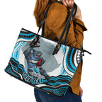 Personalized Cronulla Sutherland Sharks Leather Tote Bag Aboriginal Dot Art - Dreamtime Rugby Mascot