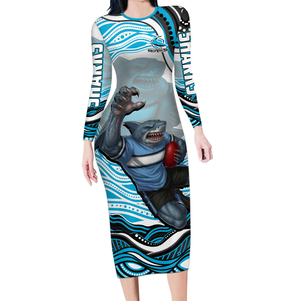 Personalized Cronulla Sutherland Sharks Long Sleeve Bodycon Dress Aboriginal Dot Art - Dreamtime Rugby Mascot