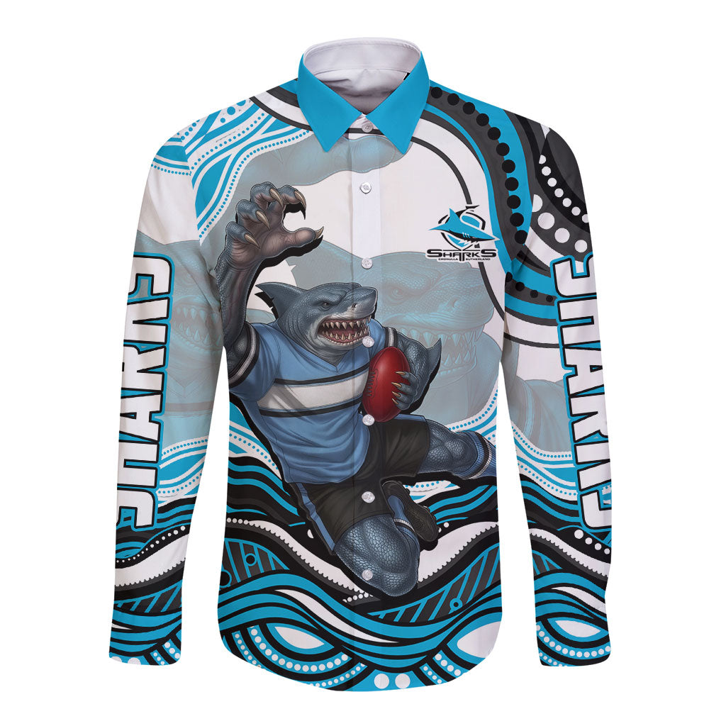 Personalized Cronulla Sutherland Sharks Long Sleeve Button Shirt Aboriginal Dot Art - Dreamtime Rugby Mascot