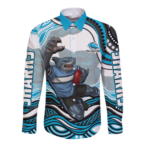 Personalized Cronulla Sutherland Sharks Long Sleeve Button Shirt Aboriginal Dot Art - Dreamtime Rugby Mascot