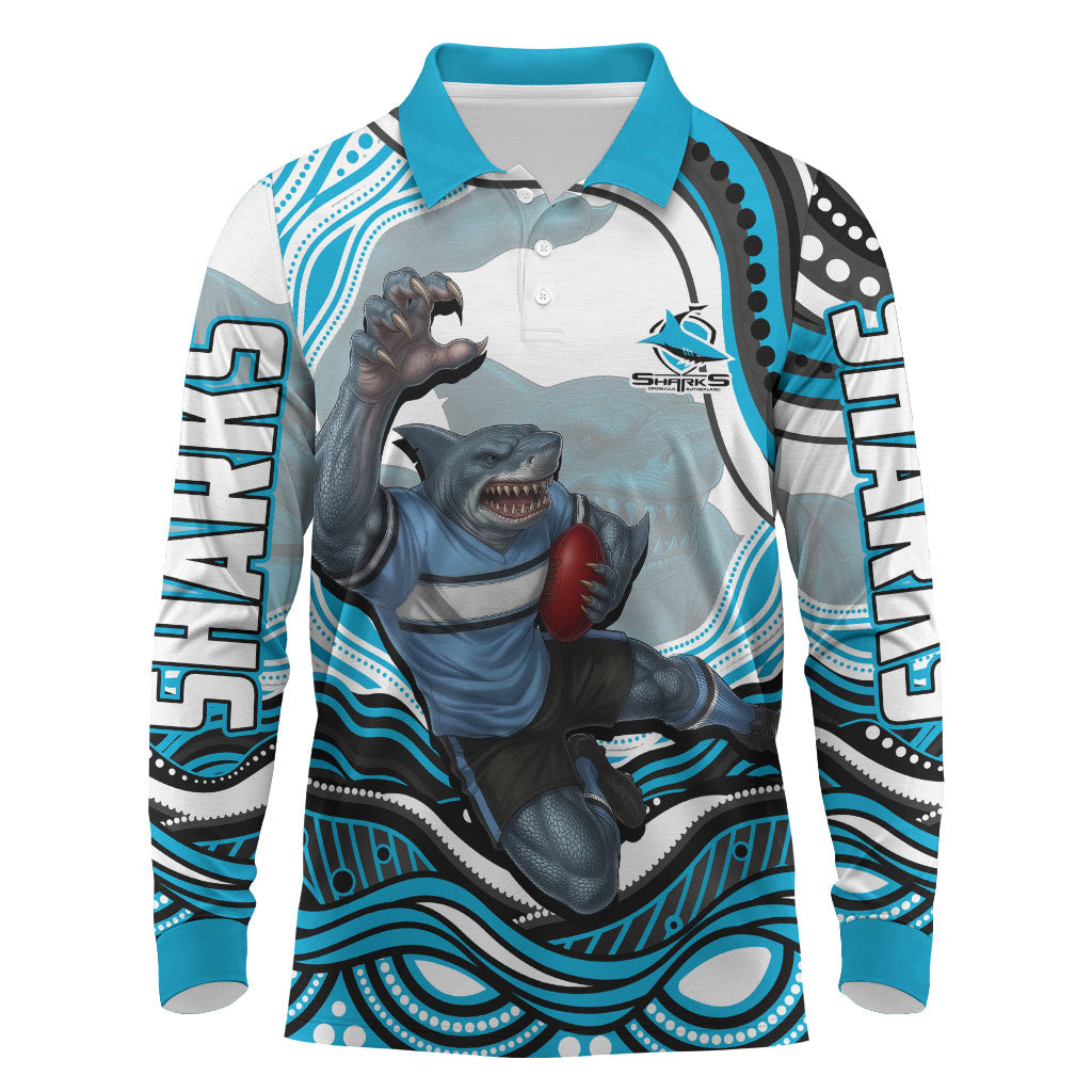Personalized Cronulla Sutherland Sharks Long Sleeve Polo Shirt Aboriginal Dot Art - Dreamtime Rugby Mascot