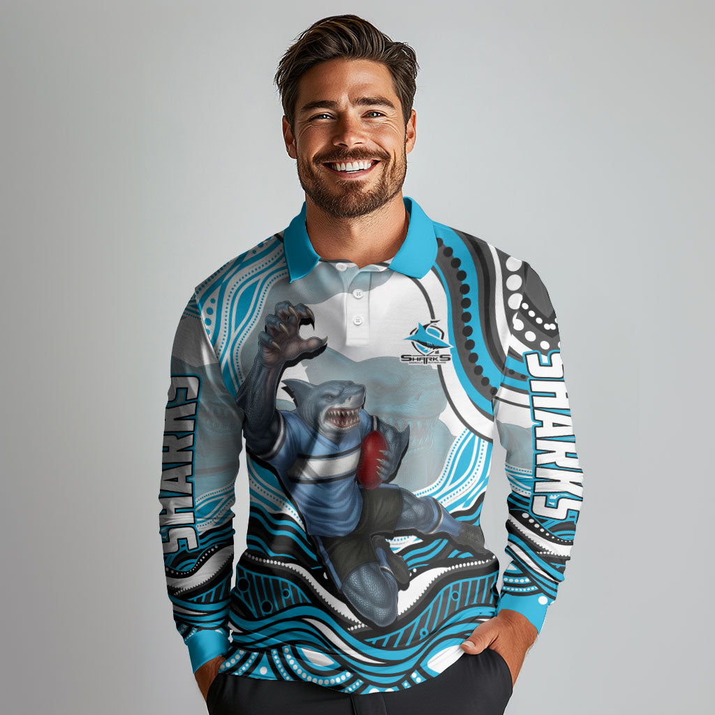 Personalized Cronulla Sutherland Sharks Long Sleeve Polo Shirt Aboriginal Dot Art - Dreamtime Rugby Mascot