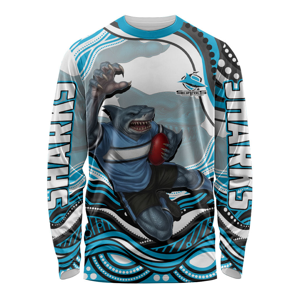 Personalized Cronulla Sutherland Sharks Long Sleeve Shirt Aboriginal Dot Art - Dreamtime Rugby Mascot