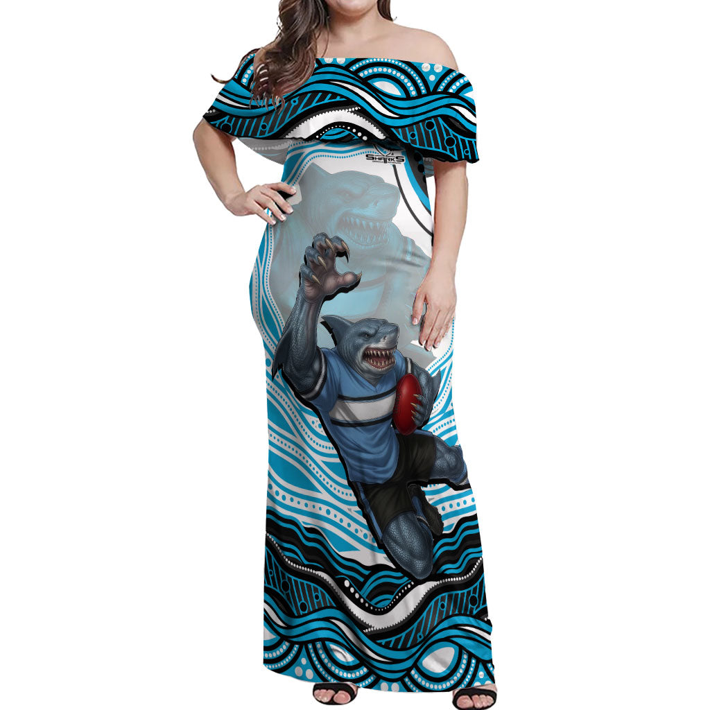 Personalized Cronulla Sutherland Sharks Off Shoulder Maxi Dress Aboriginal Dot Art - Dreamtime Rugby Mascot