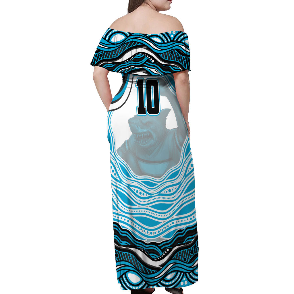 Personalized Cronulla Sutherland Sharks Off Shoulder Maxi Dress Aboriginal Dot Art - Dreamtime Rugby Mascot