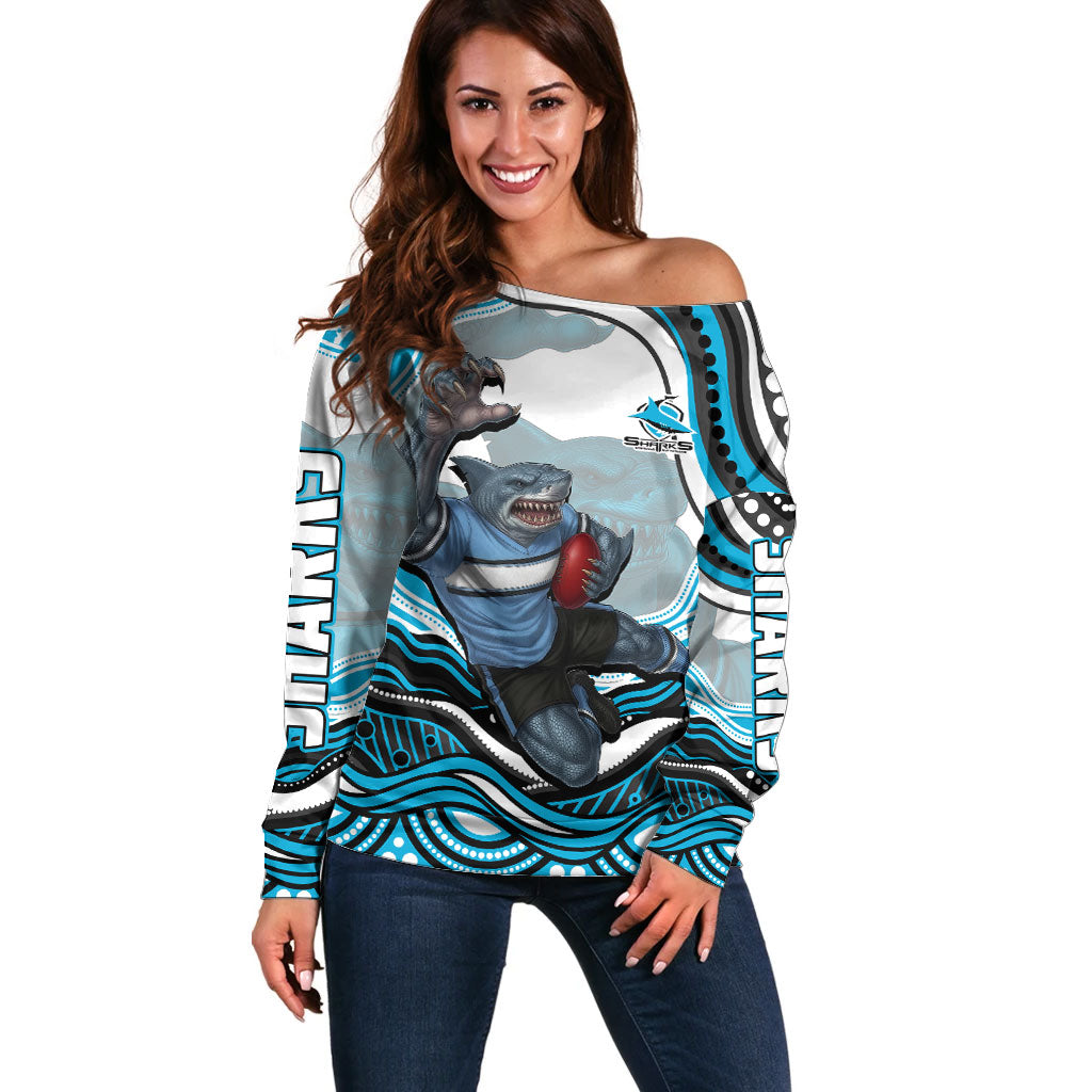 Personalized Cronulla Sutherland Sharks Off Shoulder Sweater Aboriginal Dot Art - Dreamtime Rugby Mascot