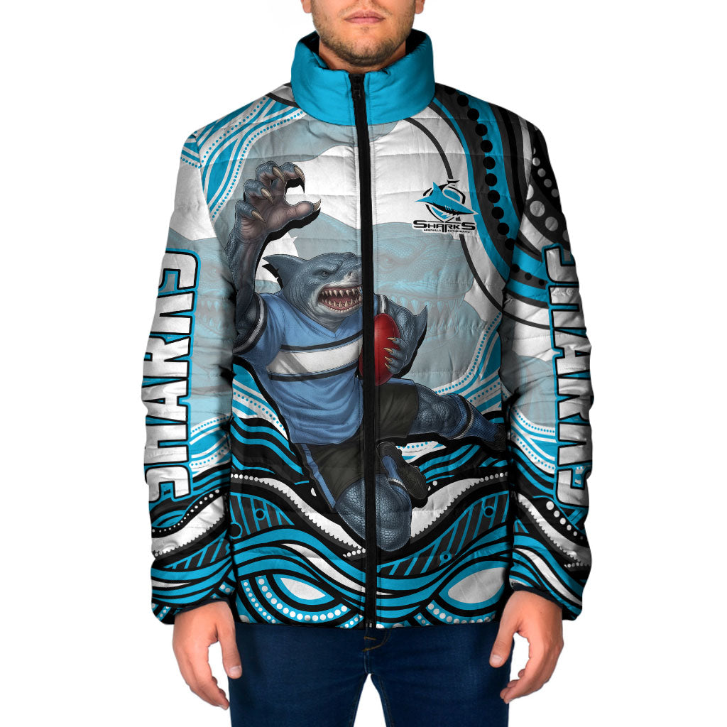 Personalized Cronulla Sutherland Sharks Padded Jacket Aboriginal Dot Art - Dreamtime Rugby Mascot