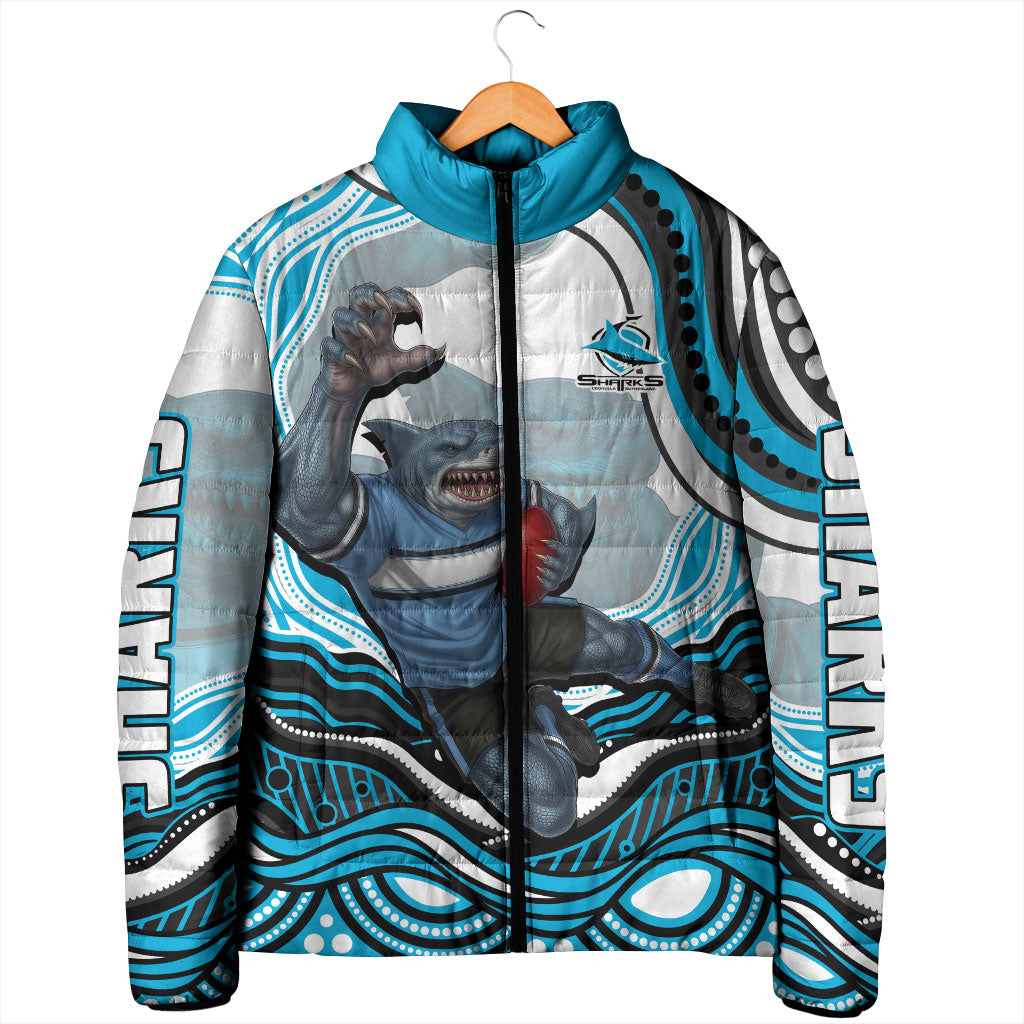 Personalized Cronulla Sutherland Sharks Padded Jacket Aboriginal Dot Art - Dreamtime Rugby Mascot