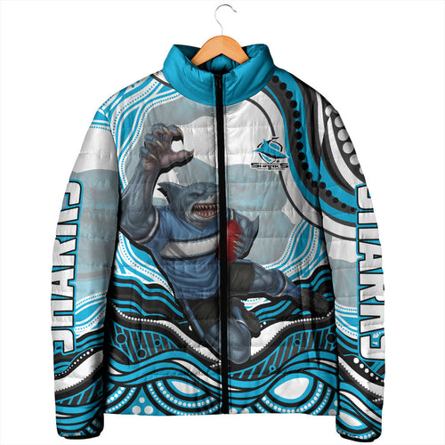 Personalized Cronulla Sutherland Sharks Padded Jacket Aboriginal Dot Art - Dreamtime Rugby Mascot