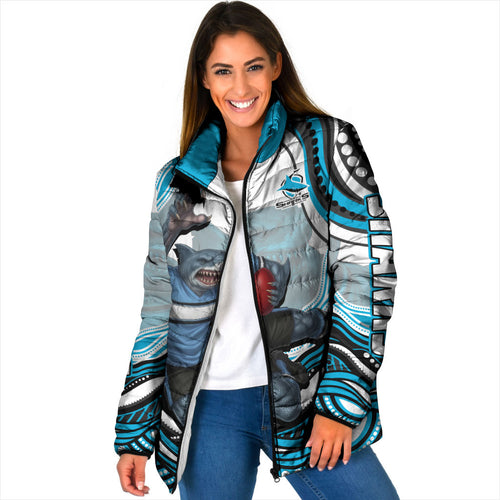 Personalized Cronulla Sutherland Sharks Padded Jacket Aboriginal Dot Art - Dreamtime Rugby Mascot