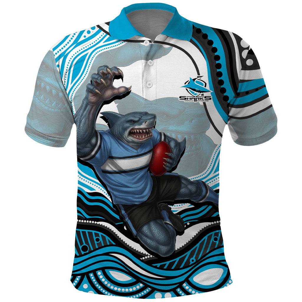 Personalized Cronulla Sutherland Sharks Polo Shirt Aboriginal Dot Art - Dreamtime Rugby Mascot