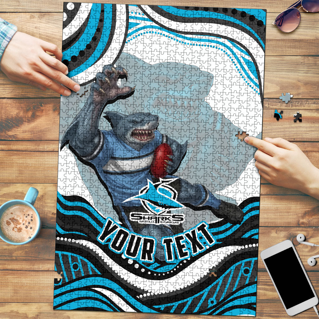 Personalized Cronulla Sutherland Sharks Puzzle Aboriginal Dot Art - Dreamtime Rugby Mascot