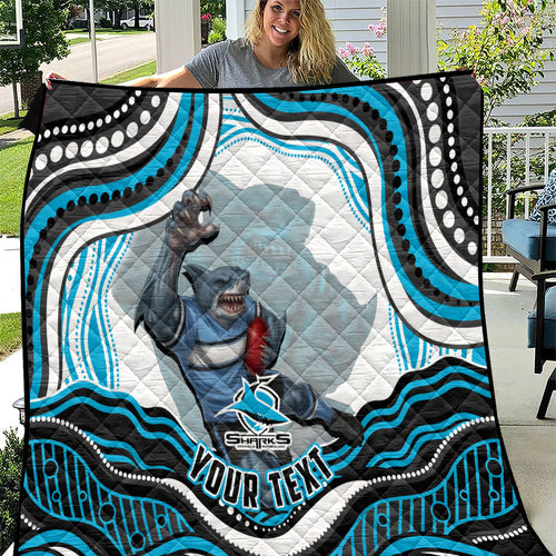 Personalized Cronulla Sutherland Sharks Quilt Aboriginal Dot Art - Dreamtime Rugby Mascot
