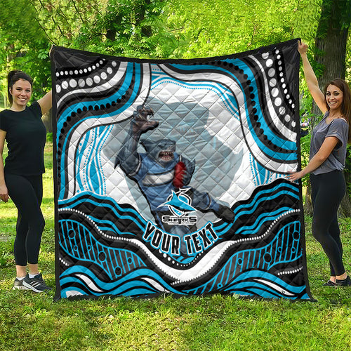 Personalized Cronulla Sutherland Sharks Quilt Aboriginal Dot Art - Dreamtime Rugby Mascot