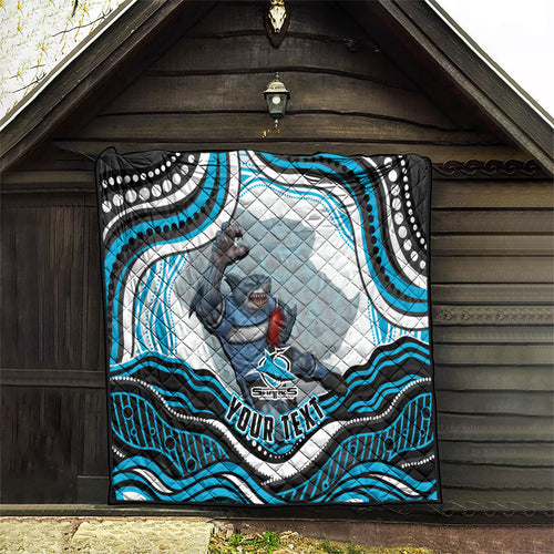 Personalized Cronulla Sutherland Sharks Quilt Aboriginal Dot Art - Dreamtime Rugby Mascot