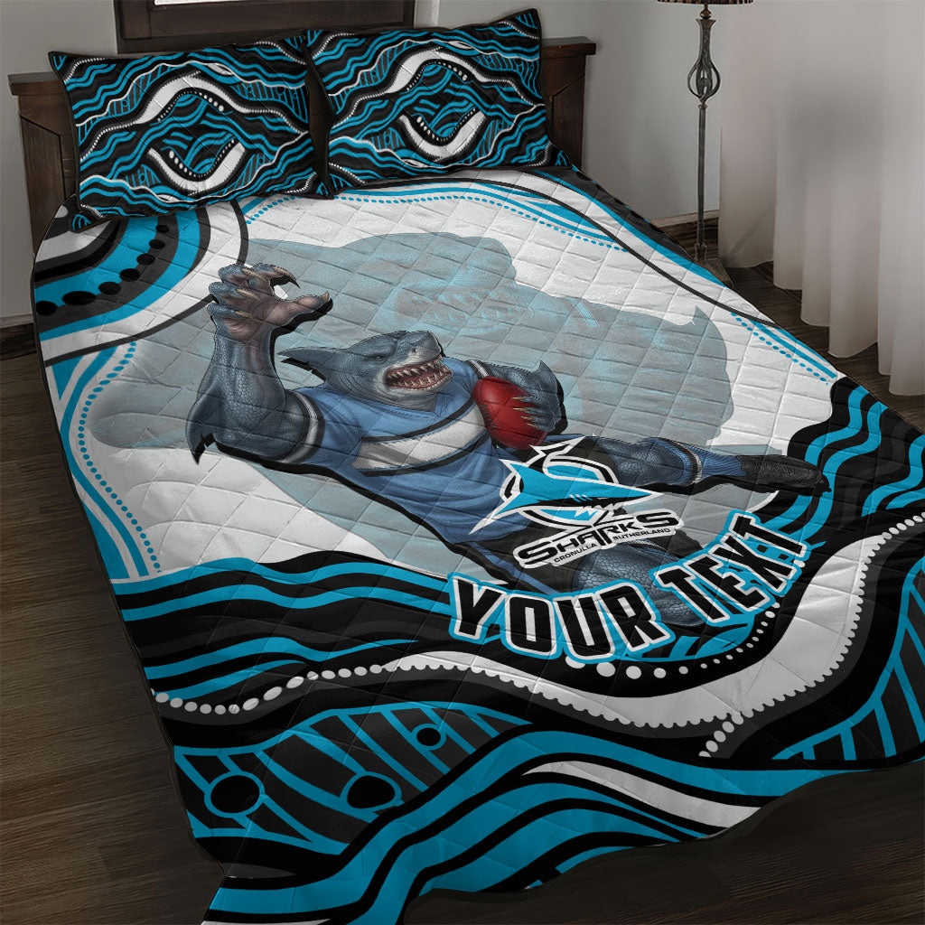 Personalized Cronulla Sutherland Sharks Quilt Bed Set Aboriginal Dot Art - Dreamtime Rugby Mascot
