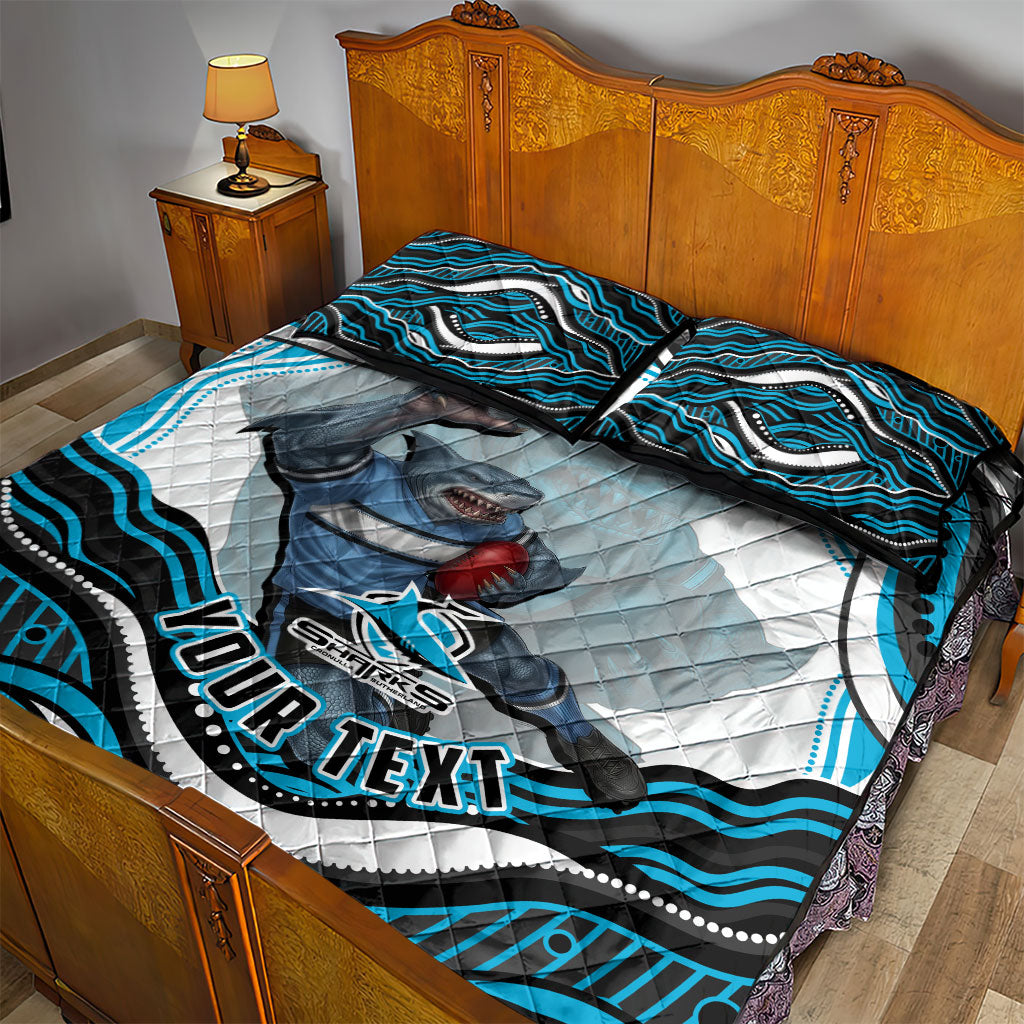 Personalized Cronulla Sutherland Sharks Quilt Bed Set Aboriginal Dot Art - Dreamtime Rugby Mascot