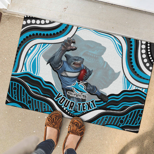 Personalized Cronulla Sutherland Sharks Rubber Doormat Aboriginal Dot Art - Dreamtime Rugby Mascot