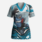 Personalized Cronulla Sutherland Sharks Scrub Top Aboriginal Dot Art - Dreamtime Rugby Mascot