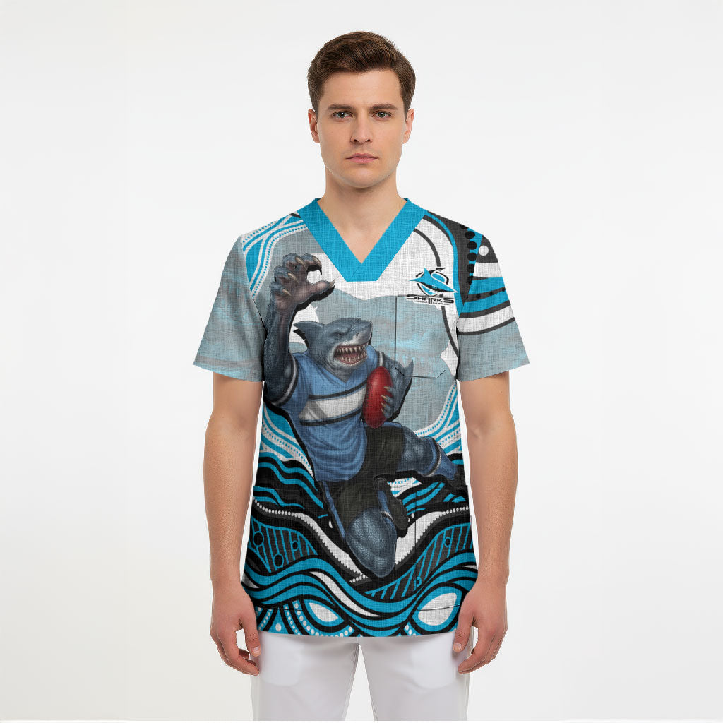 Personalized Cronulla Sutherland Sharks Scrub Top Aboriginal Dot Art - Dreamtime Rugby Mascot