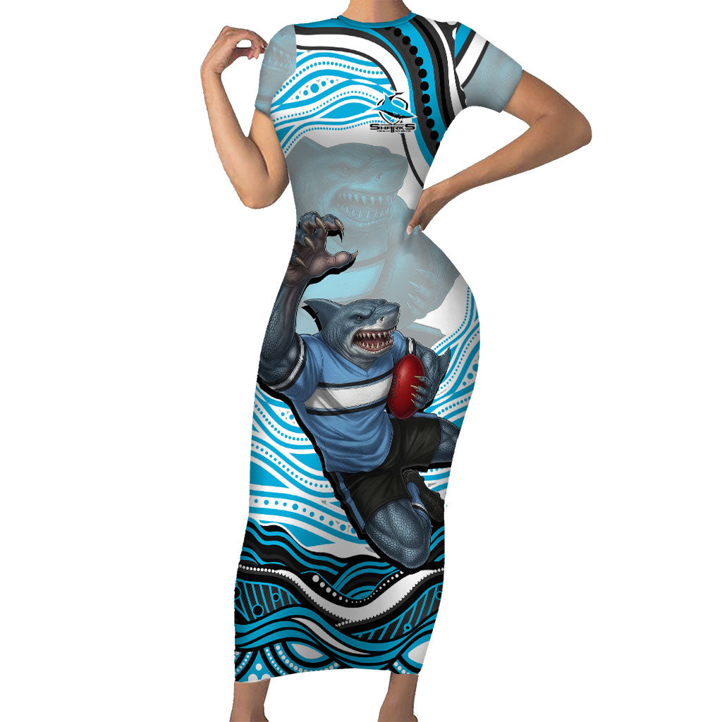 Personalized Cronulla Sutherland Sharks Short Sleeve Bodycon Dress Aboriginal Dot Art - Dreamtime Rugby Mascot