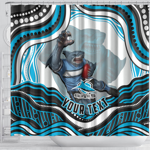 Personalized Cronulla Sutherland Sharks Shower Curtain Aboriginal Dot Art - Dreamtime Rugby Mascot