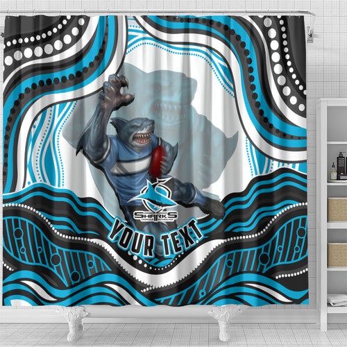 Personalized Cronulla Sutherland Sharks Shower Curtain Aboriginal Dot Art - Dreamtime Rugby Mascot