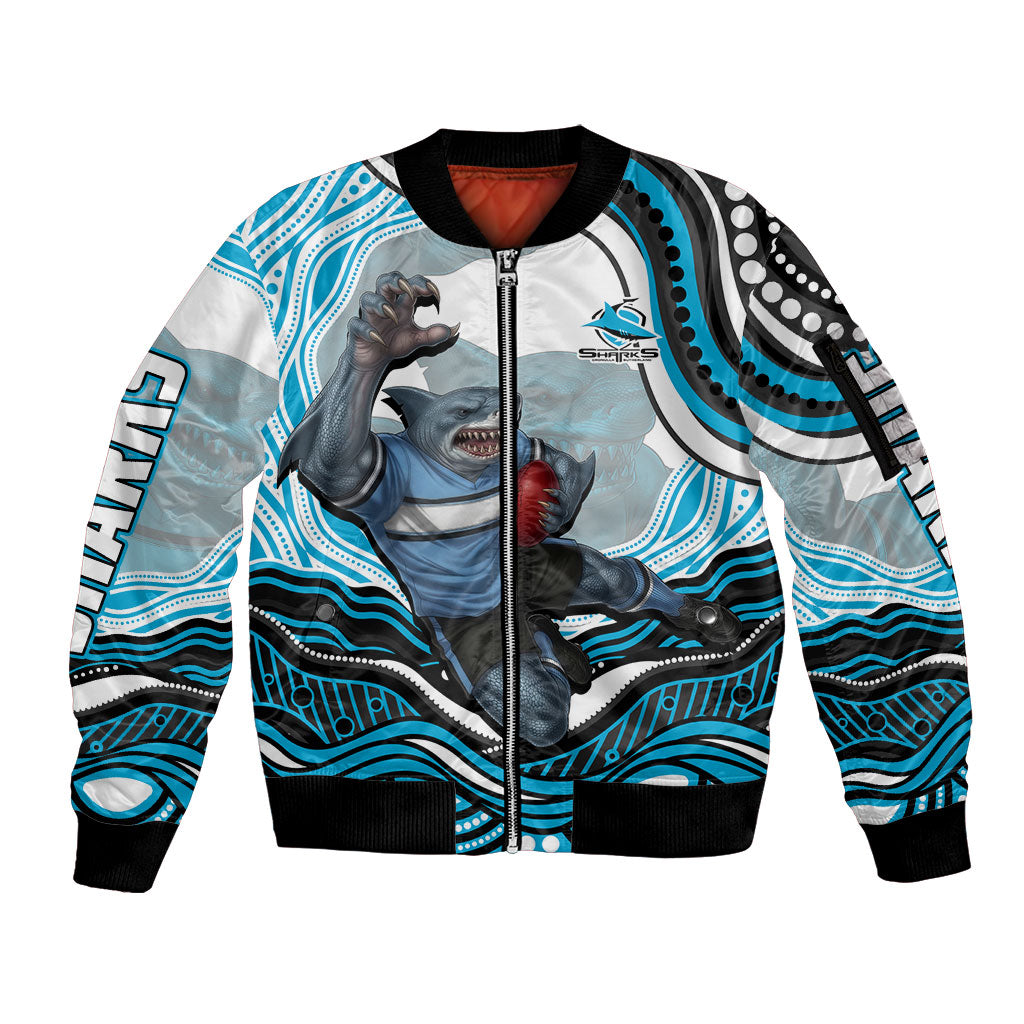Personalized Cronulla Sutherland Sharks Sleeve Zip Bomber Jacket Aboriginal Dot Art - Dreamtime Rugby Mascot