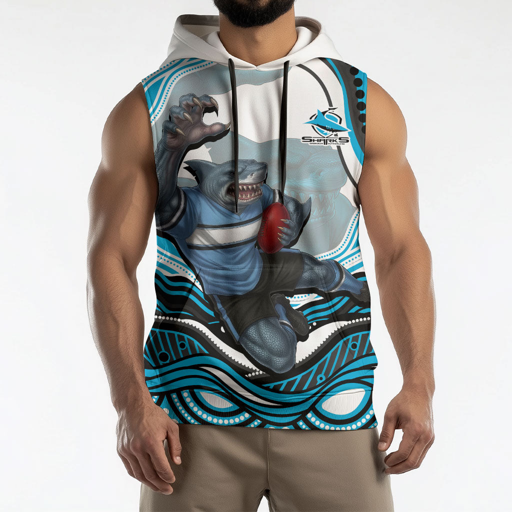 Personalized Cronulla Sutherland Sharks Sleeveless Hoodie Aboriginal Dot Art - Dreamtime Rugby Mascot