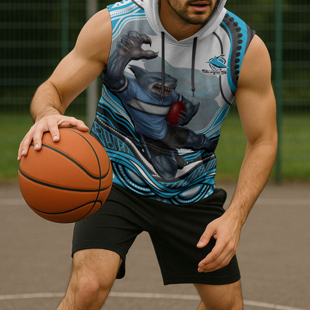 Personalized Cronulla Sutherland Sharks Sleeveless Hoodie Aboriginal Dot Art - Dreamtime Rugby Mascot