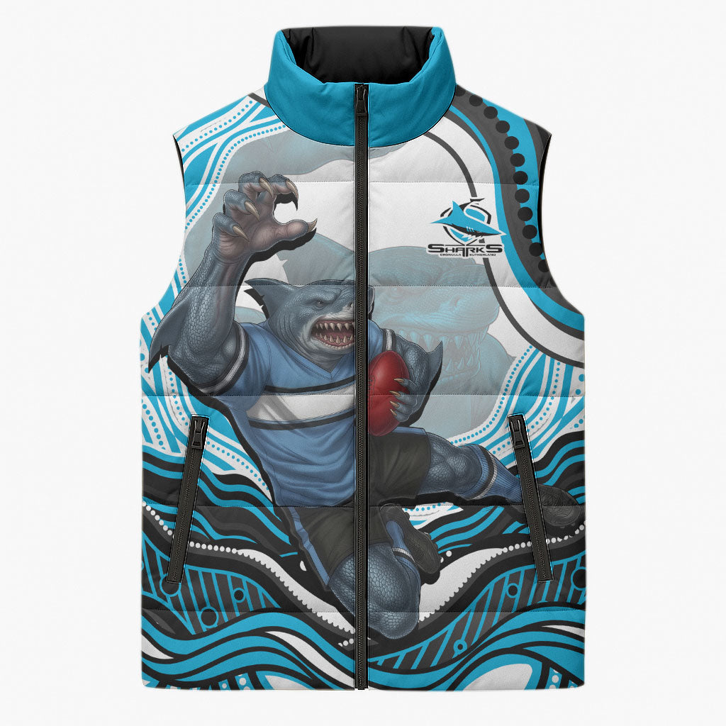 Personalized Cronulla Sutherland Sharks Sleeveless Puffer Jacket Aboriginal Dot Art - Dreamtime Rugby Mascot